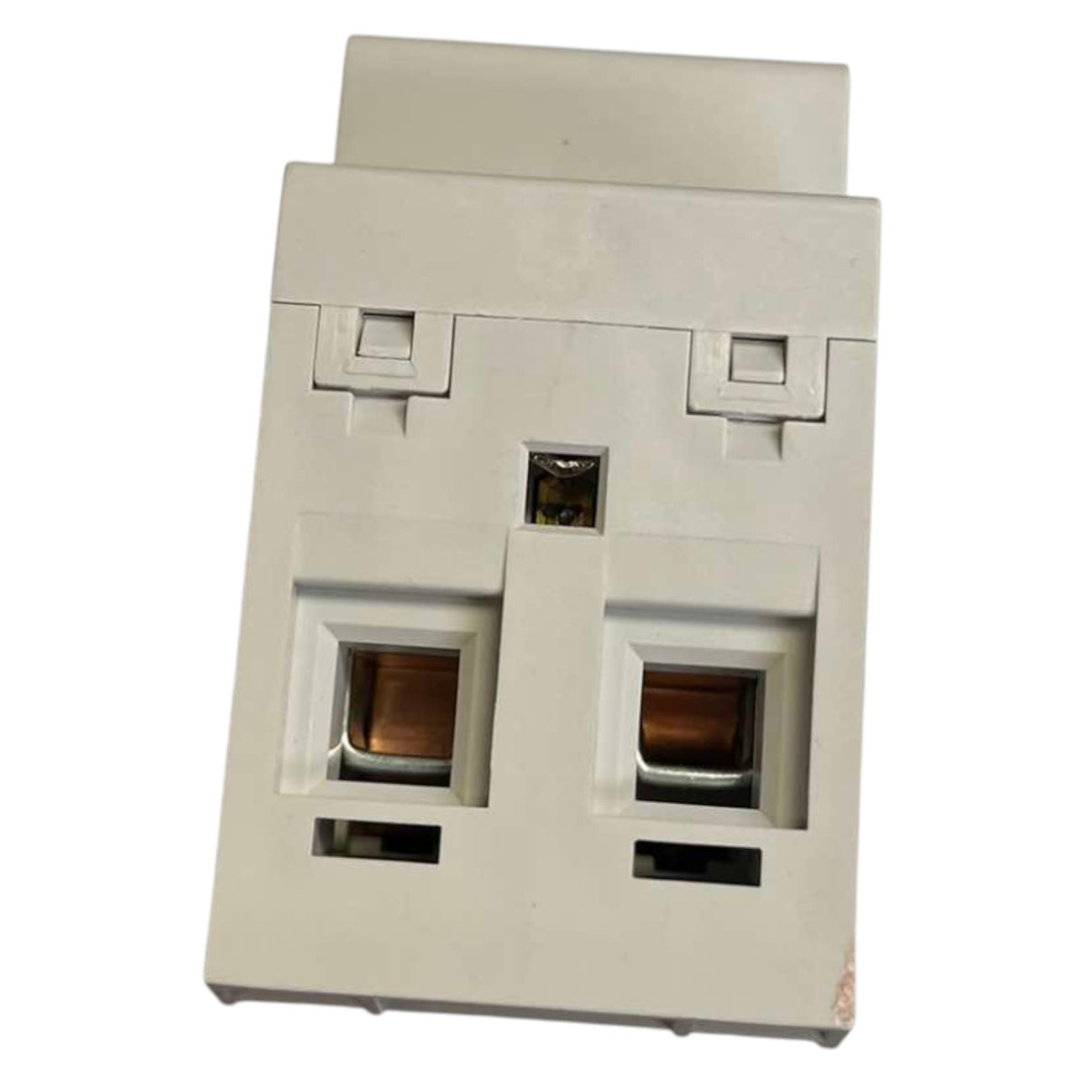 Light gray electrical wall plate with multiple sockets on a white background