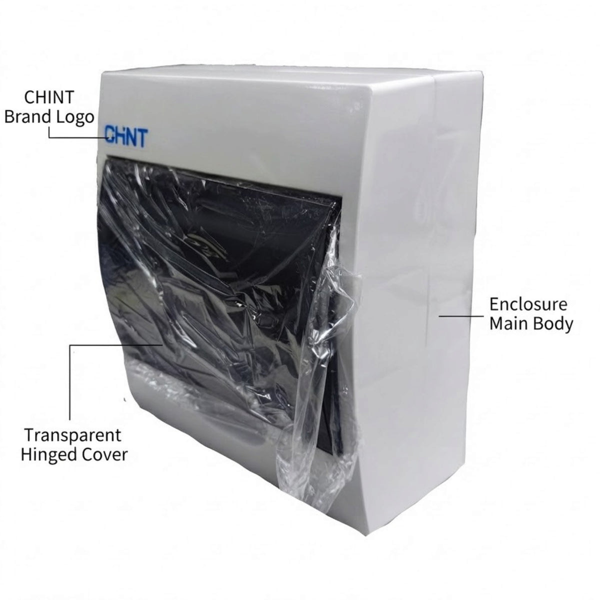 A white CHINT wall-mounted dispenser enclosure with a transparent hinged cover over a black interior, shown on a white background with callout labels.