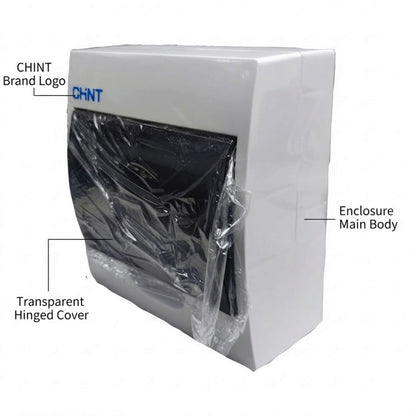 A white CHINT wall-mounted dispenser enclosure with a transparent hinged cover over a black interior, shown on a white background with callout labels.