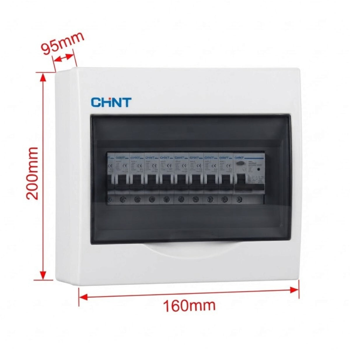 White CHNT electrical distribution box with a transparent front window showing circuit breakers, annotated with red dimension lines and labels indicating 95mm top width, 200mm height, and 160mm base width.
