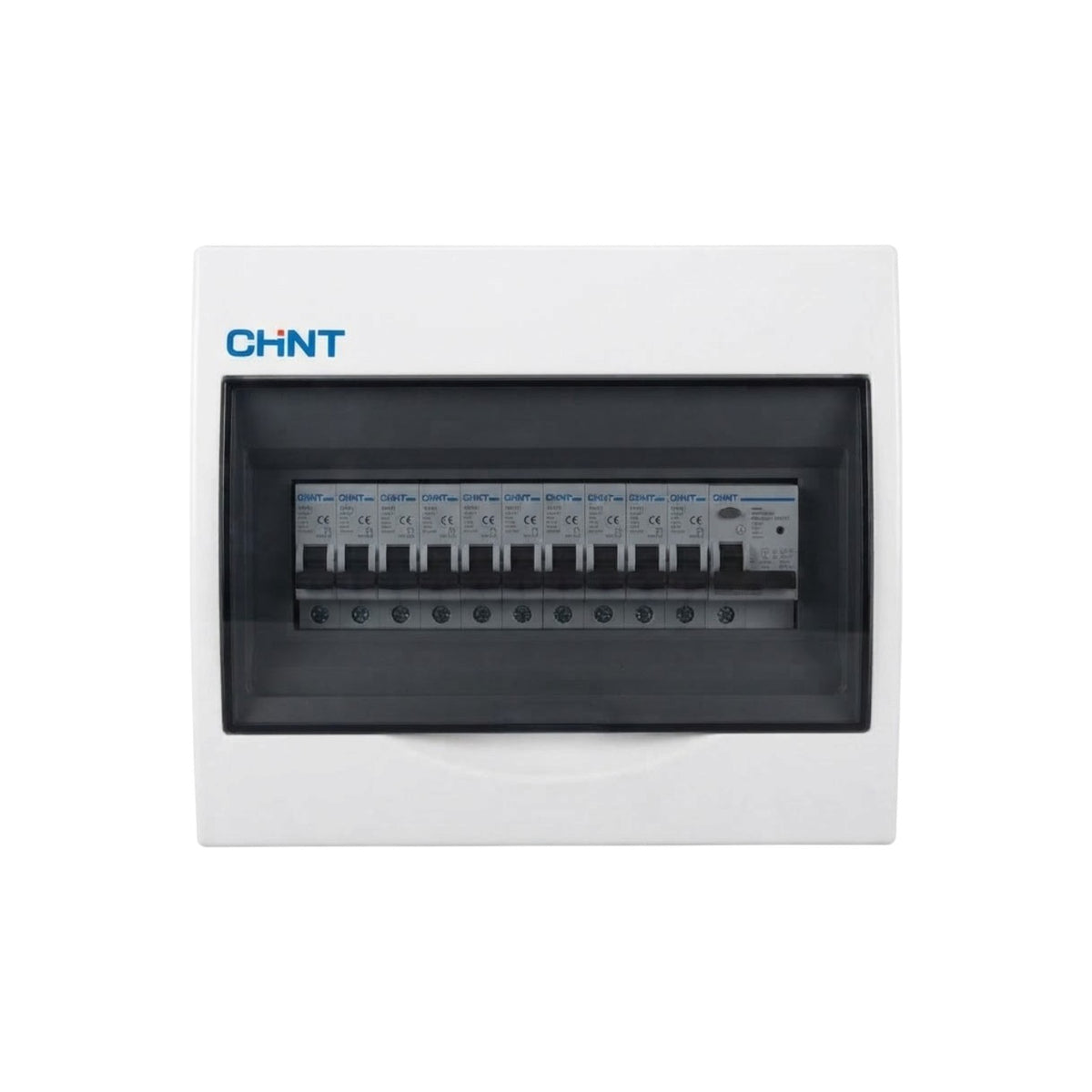A white CHNT electrical distribution board with a black front cover and multiple circuit breakers visible inside, shown on a plain white background.