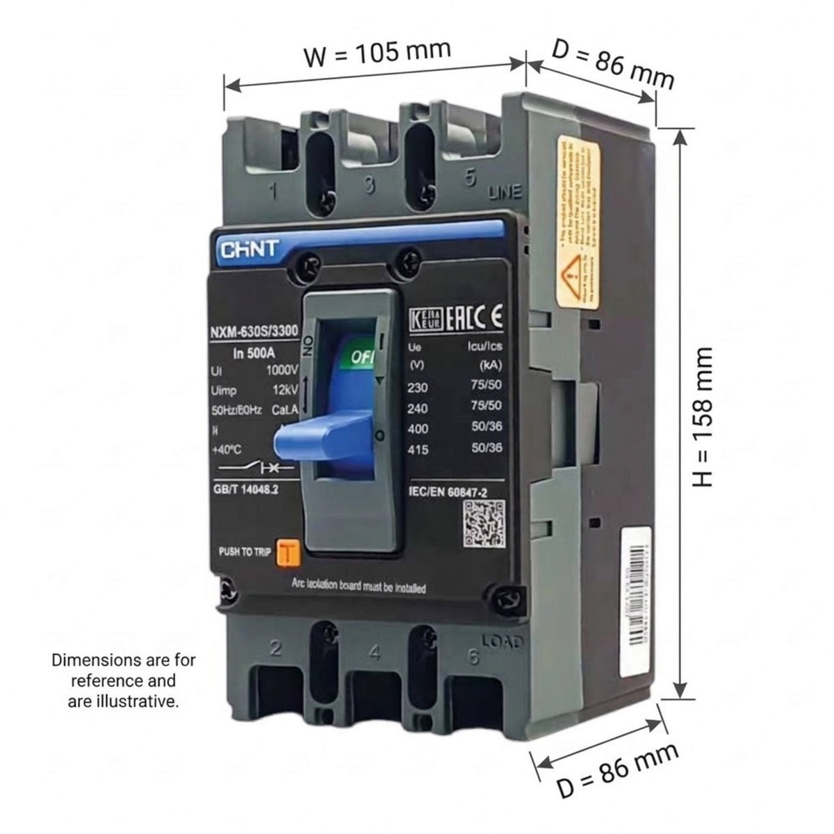A CHNT electrical circuit breaker shown on a white background with dimension labels indicating width W = 105 mm, depth D = 86 mm, and height H = 158 mm.