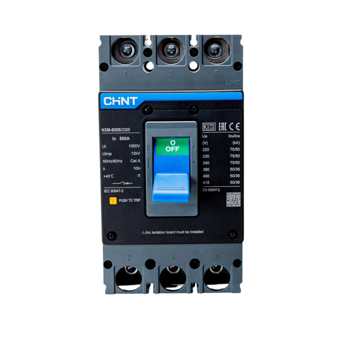 A CHNT industrial circuit breaker, model NCM400S3000, featuring a black front housing, gray plastic top and bottom mounting plates, a blue accent strip, and a central green-and-blue 'Q OFF' switch.