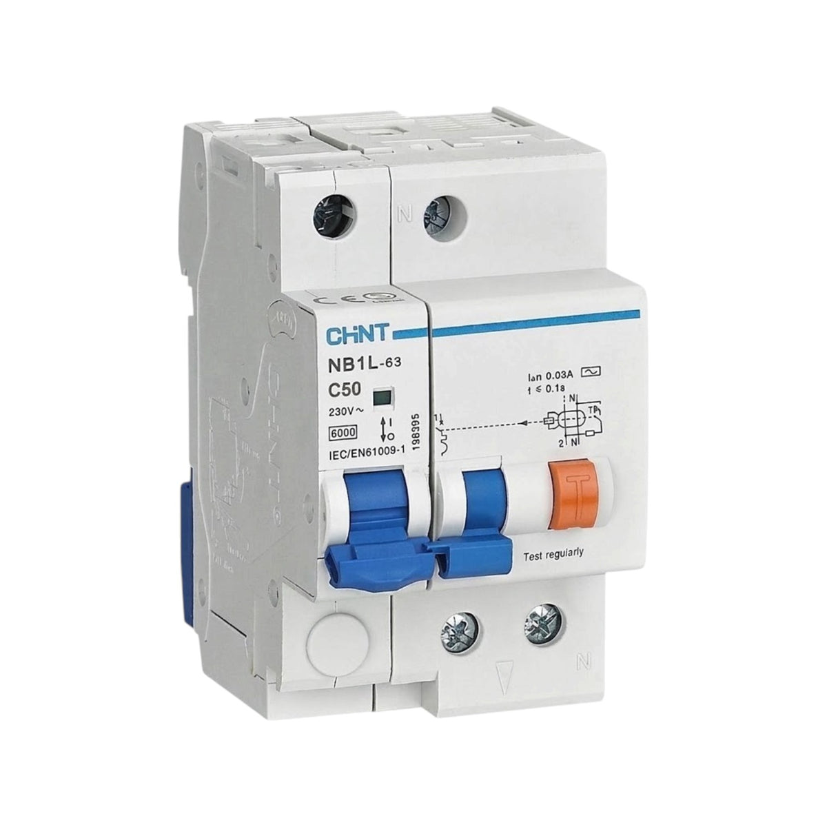 Chint 50A 1P+N 30mA 6KAIC 230V Residual Current Circuit Breaker with Overcurrent Protection RCBO NB1L-63-50A1P+N