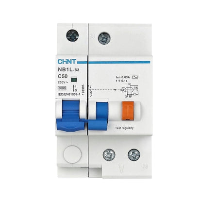 Chint 50A 1P+N 30mA 6KAIC 230V Residual Current Circuit Breaker with Overcurrent Protection RCBO NB1L-63-50A1P+N
