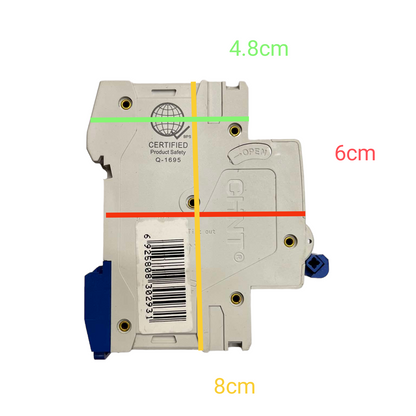 Electrical circuit breaker with measurements marked on a white background