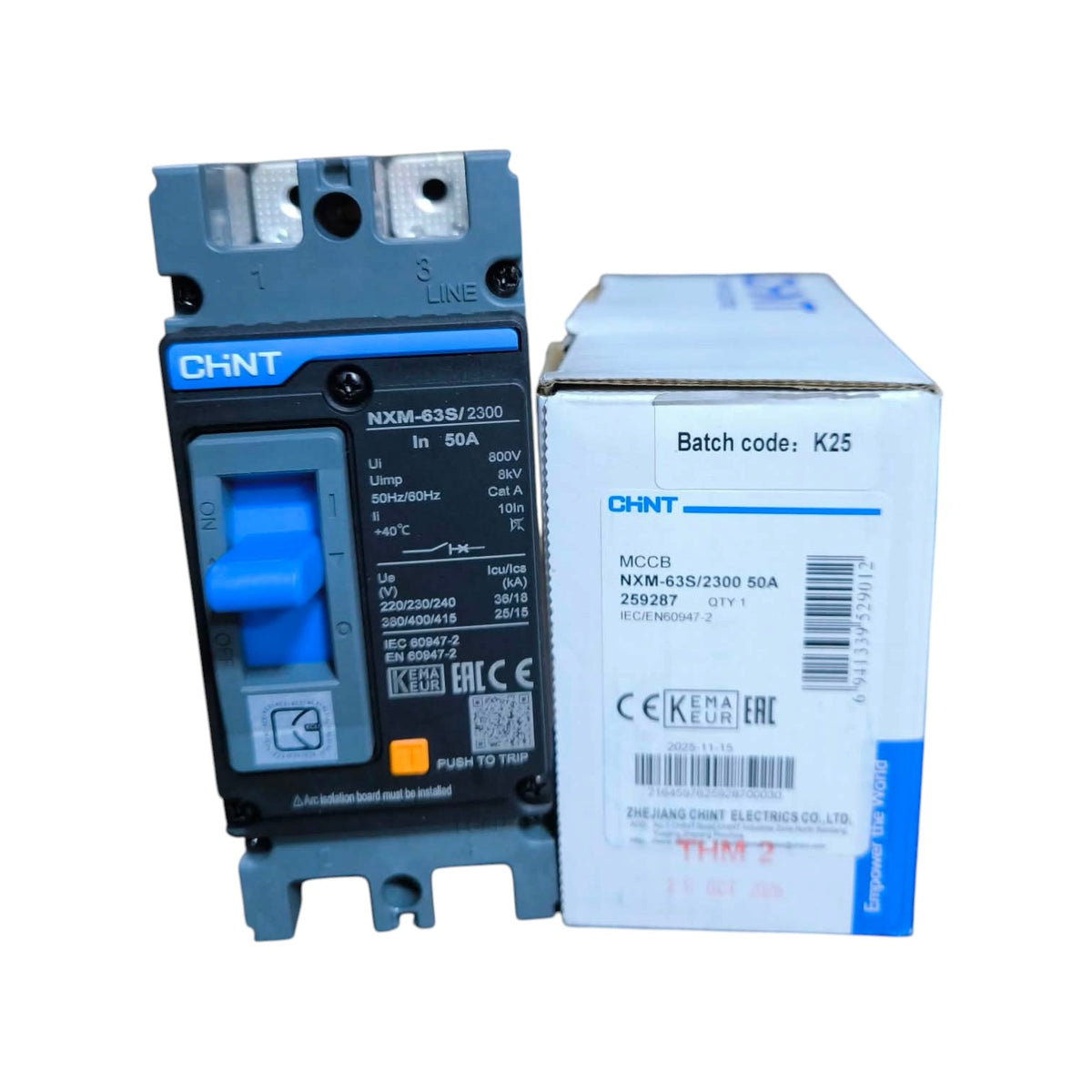 A CHNT NXM-435/Z 2300 3PAC circuit breaker shown next to its original white and blue cardboard packaging box on a plain white background.