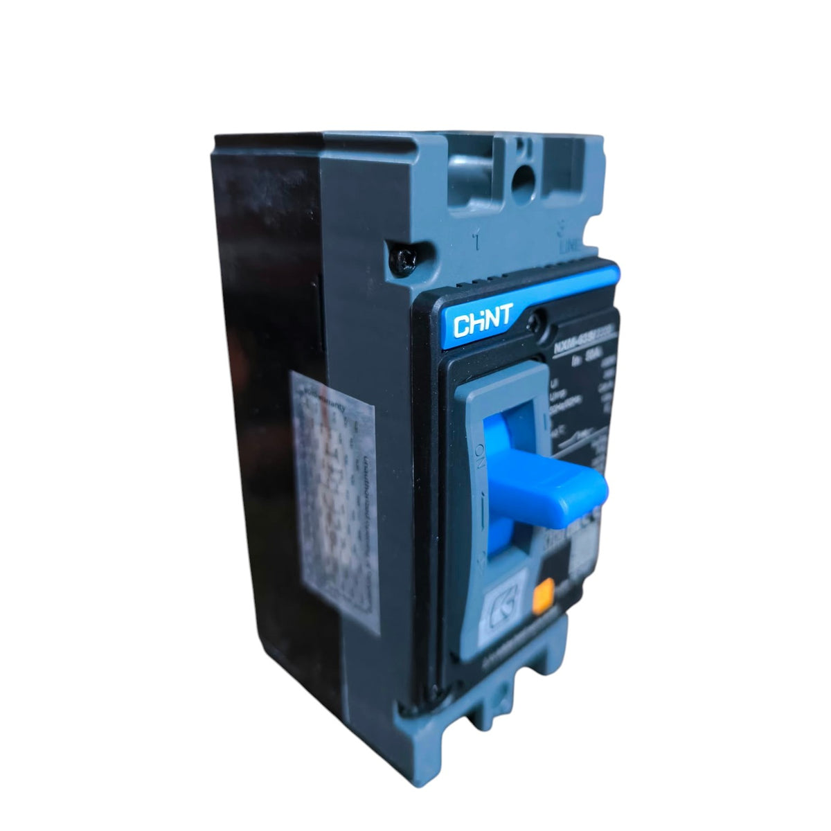 A CHNT circuit breaker with a blue handle and blue front panel, set against a plain white background.