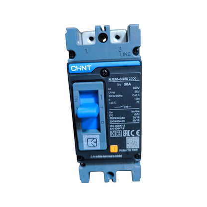 A CHNT NXM-63S/2320 circuit breaker with a blue handle and blue plastic housing, shown against a plain white background.