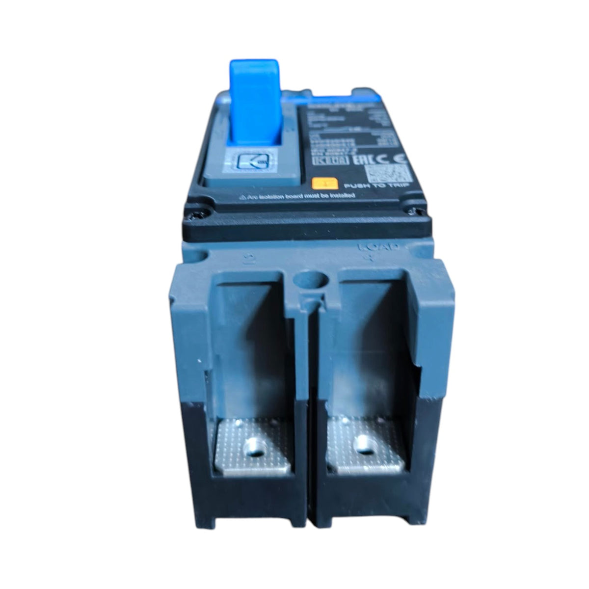 A blue and black electrical circuit breaker or fuse holder with a blue pull tab, shown on a plain white background.