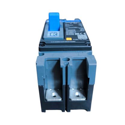 A blue and black electrical circuit breaker or fuse holder with a blue pull tab, shown on a plain white background.