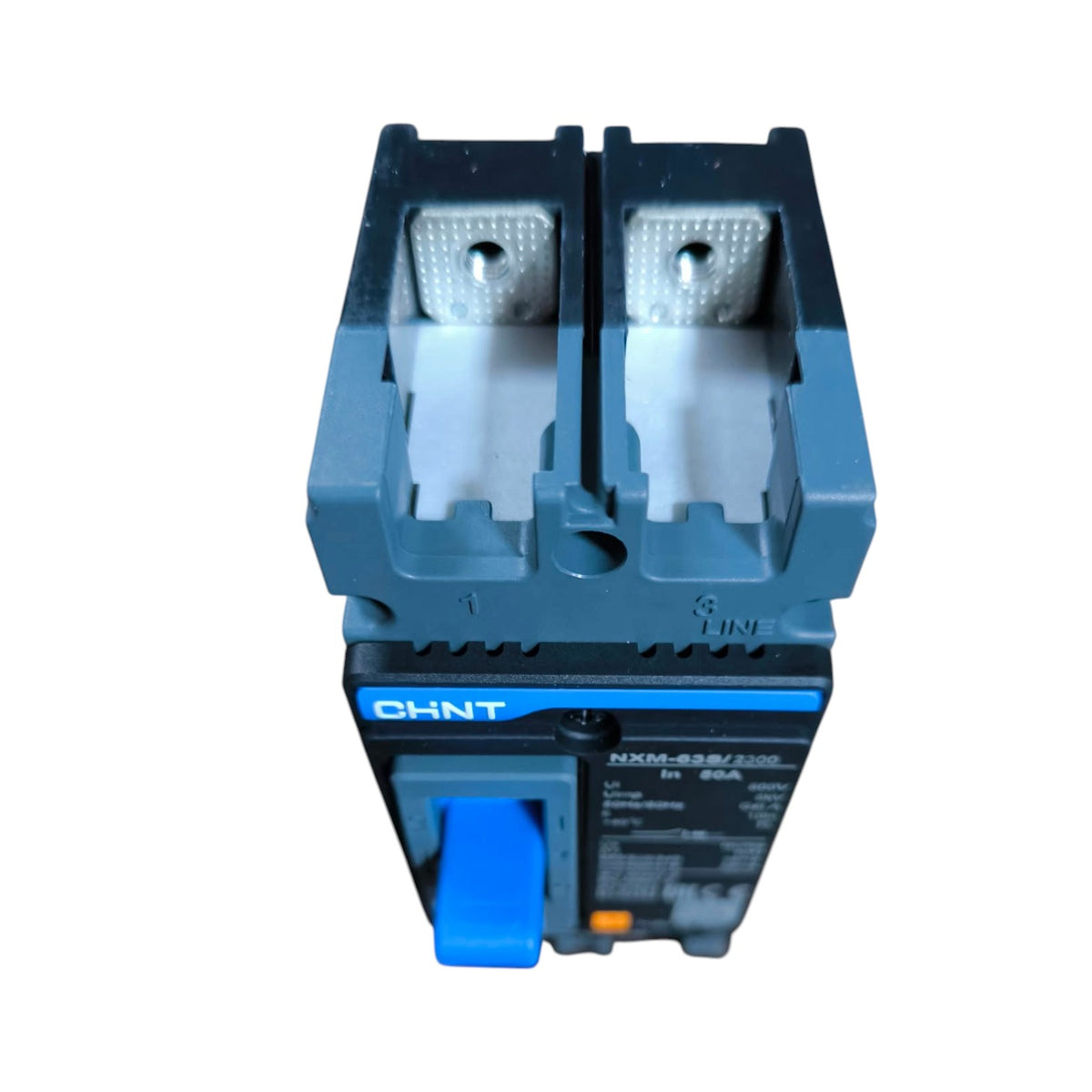 A CHNT electrical circuit breaker module, model TNX00-SS4/320, featuring a dark gray plastic housing, blue handle, and silver metal terminal blocks on a white background.