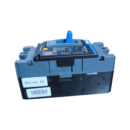 A heavy-duty industrial electrical contactor or relay module with a blue handle on top, a black control panel, and a white label showing 'Batch code: K25' on a white background.