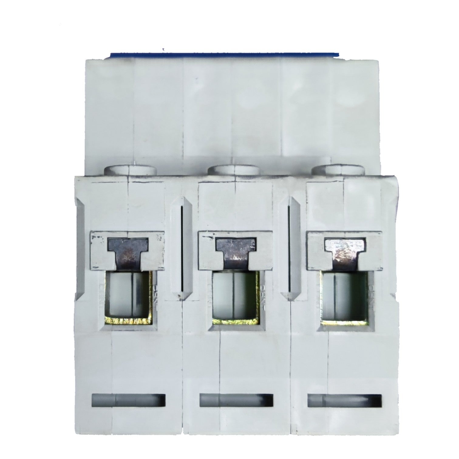 A three-pole electrical circuit breaker with a white plastic housing, three individual switch compartments, and a blue top strip, shown against a plain white background.