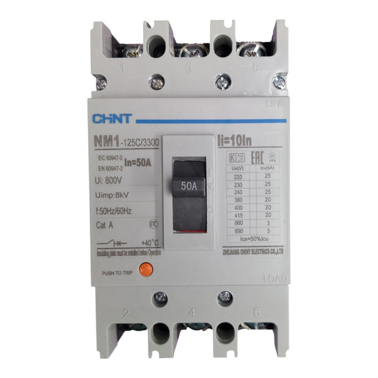 A CHINT NM1-125C/330D circuit breaker with a 50A switch, featuring a gray plastic body, terminal blocks on top and bottom, and a small orange pull-to-trip button.