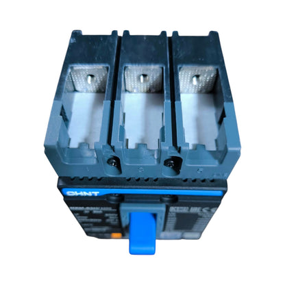 A CHNT circuit breaker module with three open terminal compartments at the top and a blue switch handle on the front, shown against a plain white background.