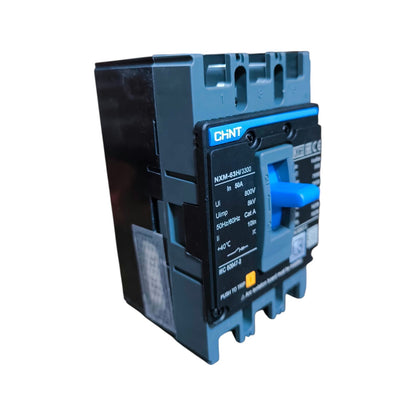 A CHNT molded circuit breaker with a blue handle and black/blue plastic housing, shown on a plain white background.
