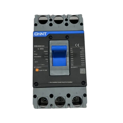 A CHNT brand electrical circuit breaker with a gray plastic housing, a blue switch handle, and black terminal blocks on the top and bottom, shown against a plain white background.