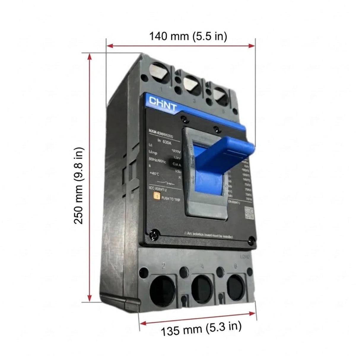 A CHNT circuit breaker shown on a white background with red dimension lines and labels indicating 140 mm width, 250 mm height, and 135 mm depth.