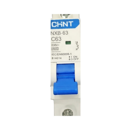 Circuit breaker with blue handle on a white background, featuring the brand 'CHINT'.