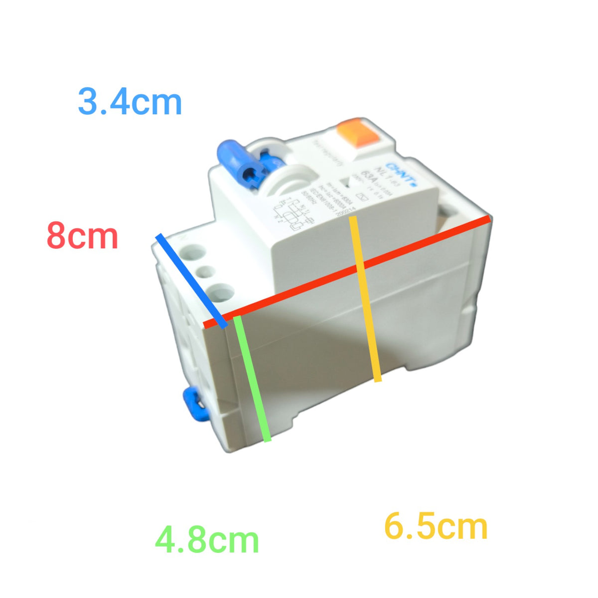 White plastic component with measurements and color coding on a white background