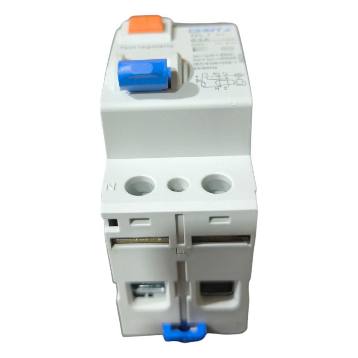 Electrical circuit breaker with blue and orange labels on a white background
