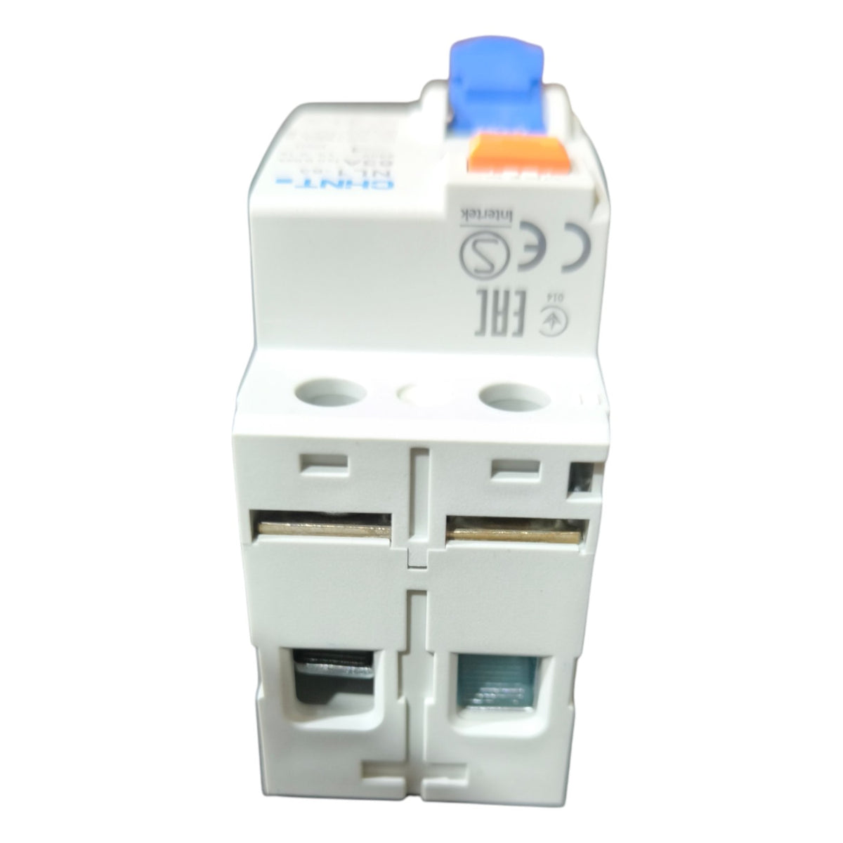 White electrical circuit breaker with blue and orange labels on a white background