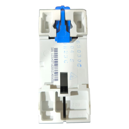 White electronic component with blue clip on a white background