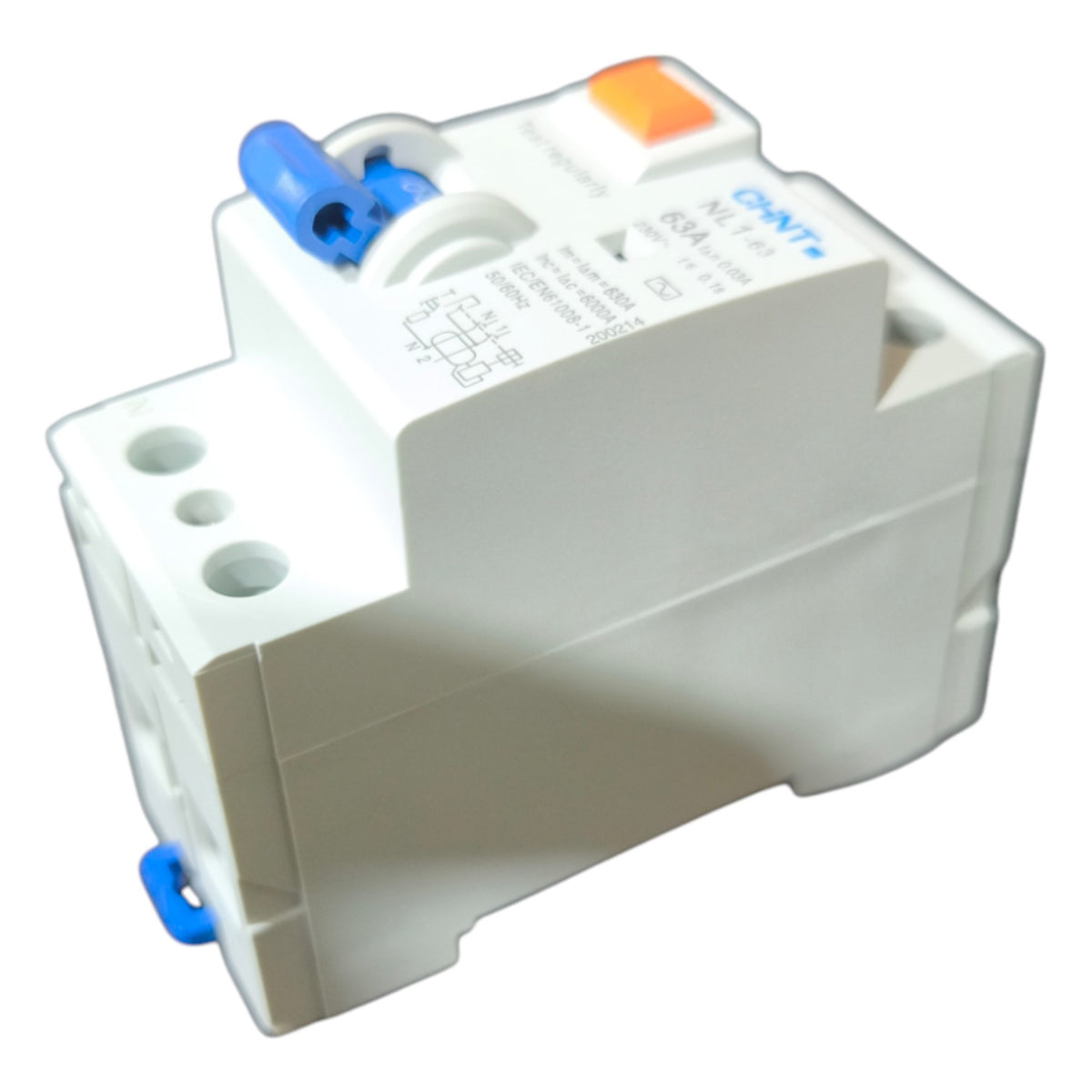 White electrical component with blue and orange accents on a white background