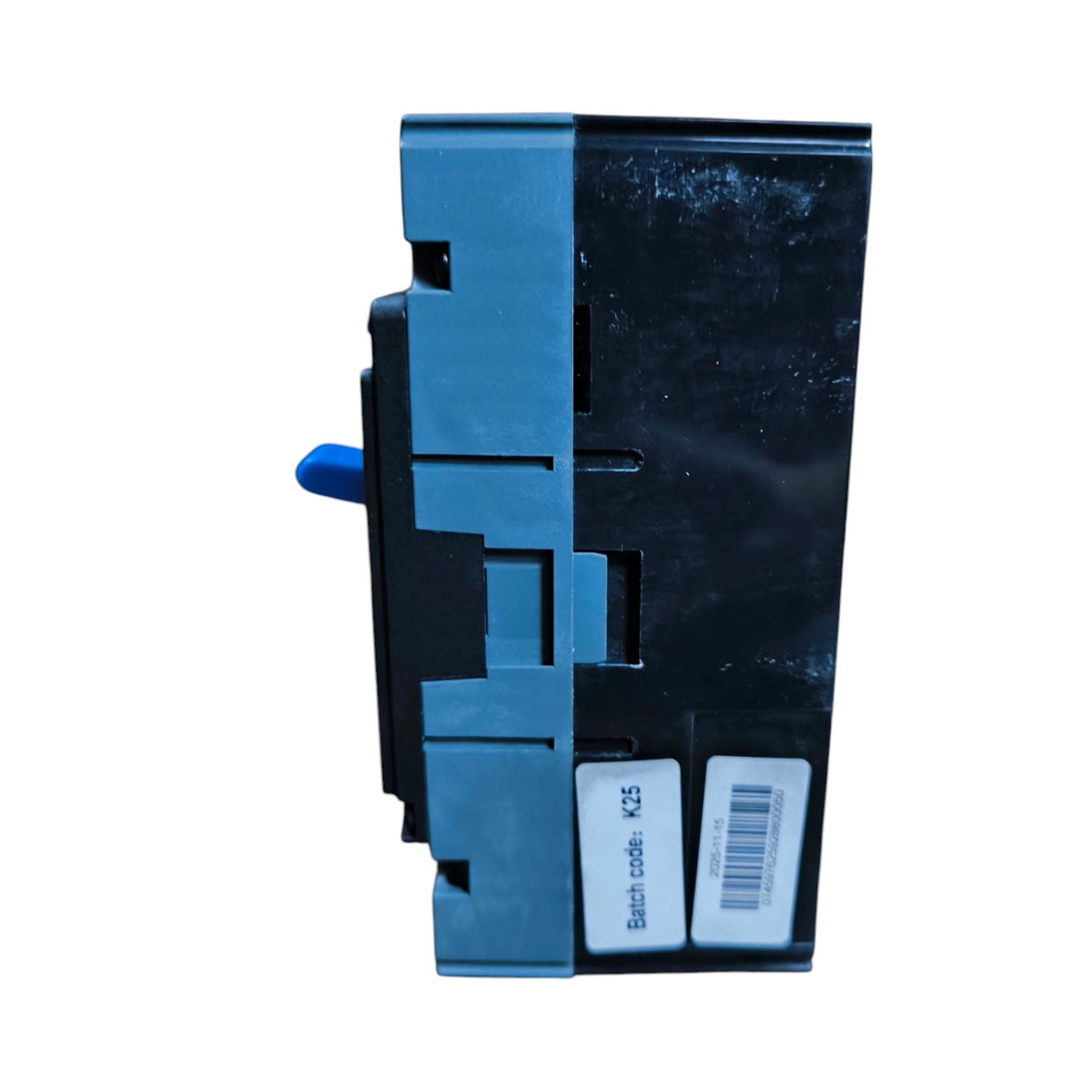A blue and black electrical contactor or relay component with a small blue handle, shown from a side profile view on a white background.