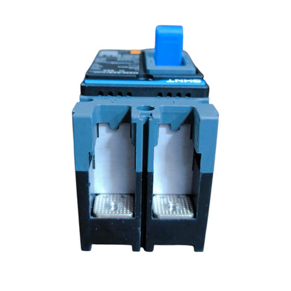 A blue and black dual-port battery or power module with a blue switch on top, shown against a plain white background.