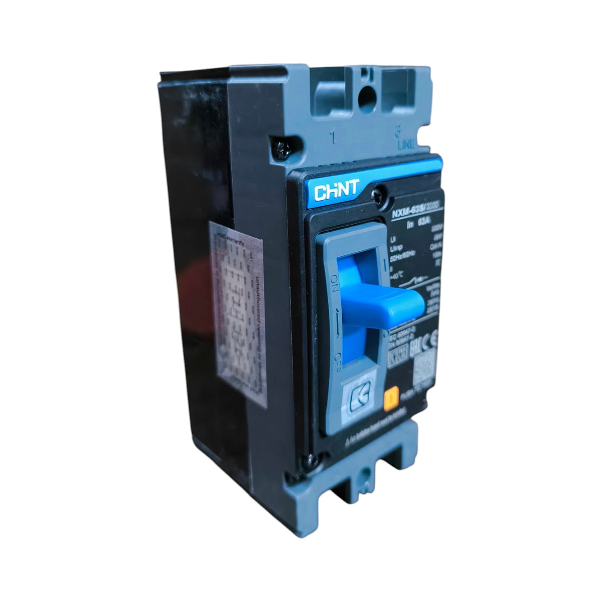 CHNT NQ08-63M1 circuit breaker with a blue handle and black/blue housing, shown on a white background.