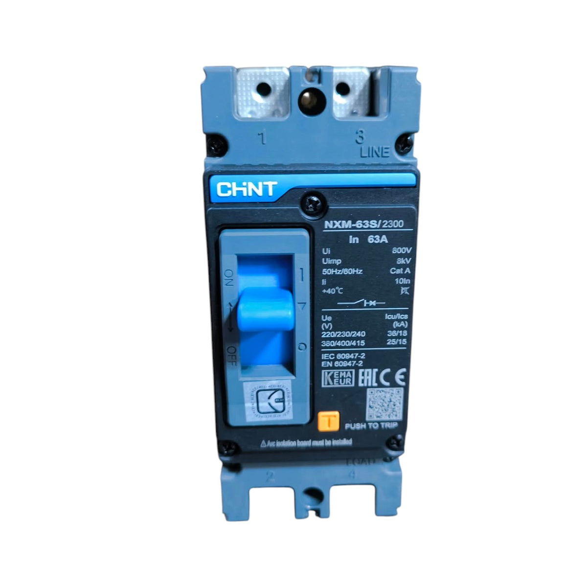 A CHNT HXM-63B/2300 circuit breaker with a blue handle and blue plastic housing, shown against a plain white background.