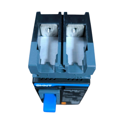 An Ohnt electrical contactor or relay component with a blue handle, dark gray plastic housing, and silver metal contacts, shown on a plain white background.