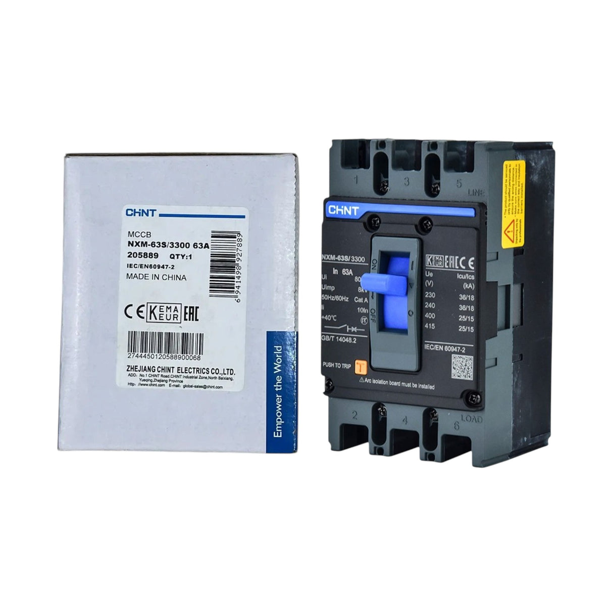 Chint 63A 3 Pole Industrial Circuit Breaker 3 Phase 63AF 36KAIC 220V 25kA 415V MCCB NXM-63S/3300/63A