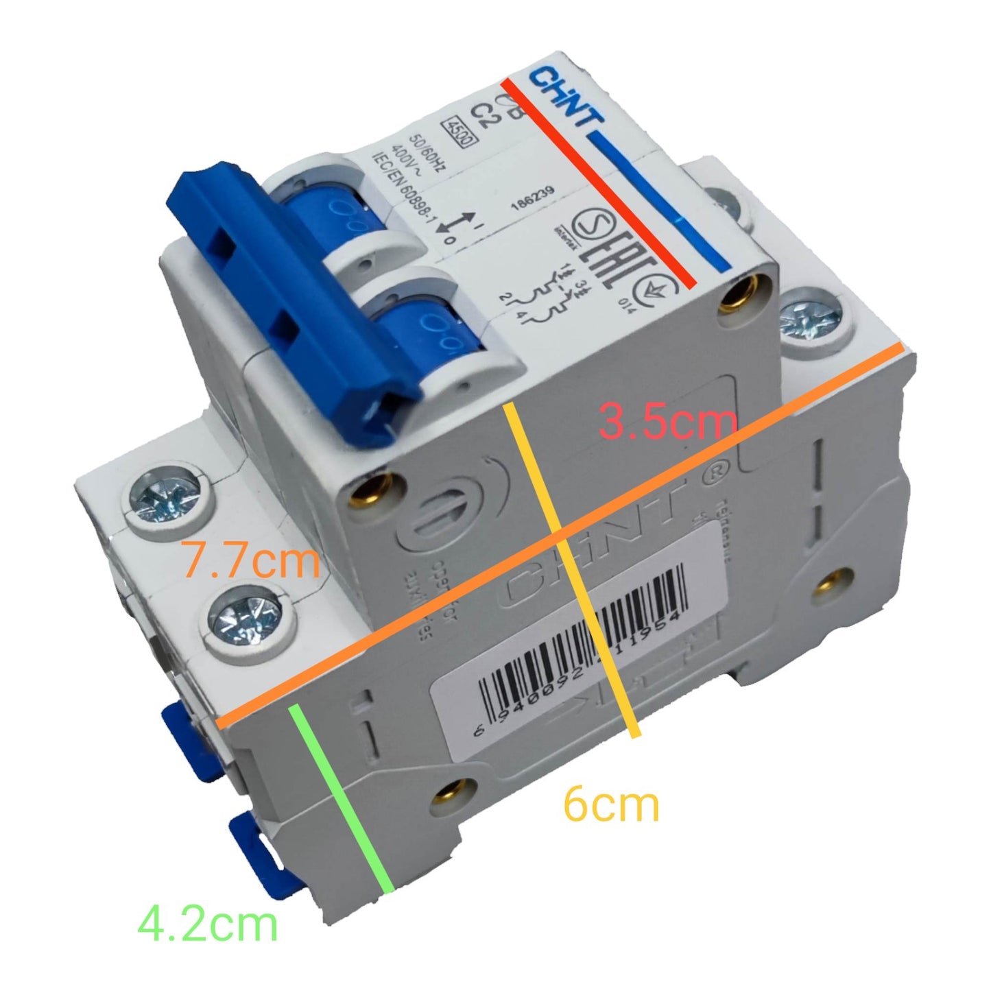 Electrical breaker panel with labeled dimensions on a white background