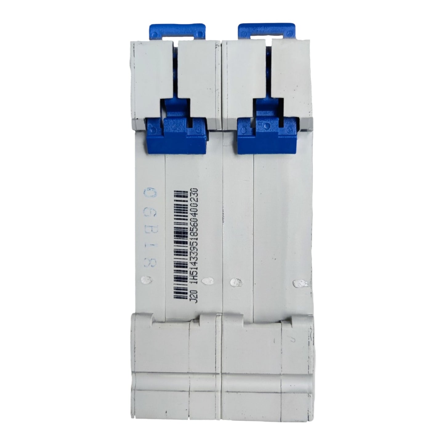 Stack of white plastic components with blue connectors on a white background