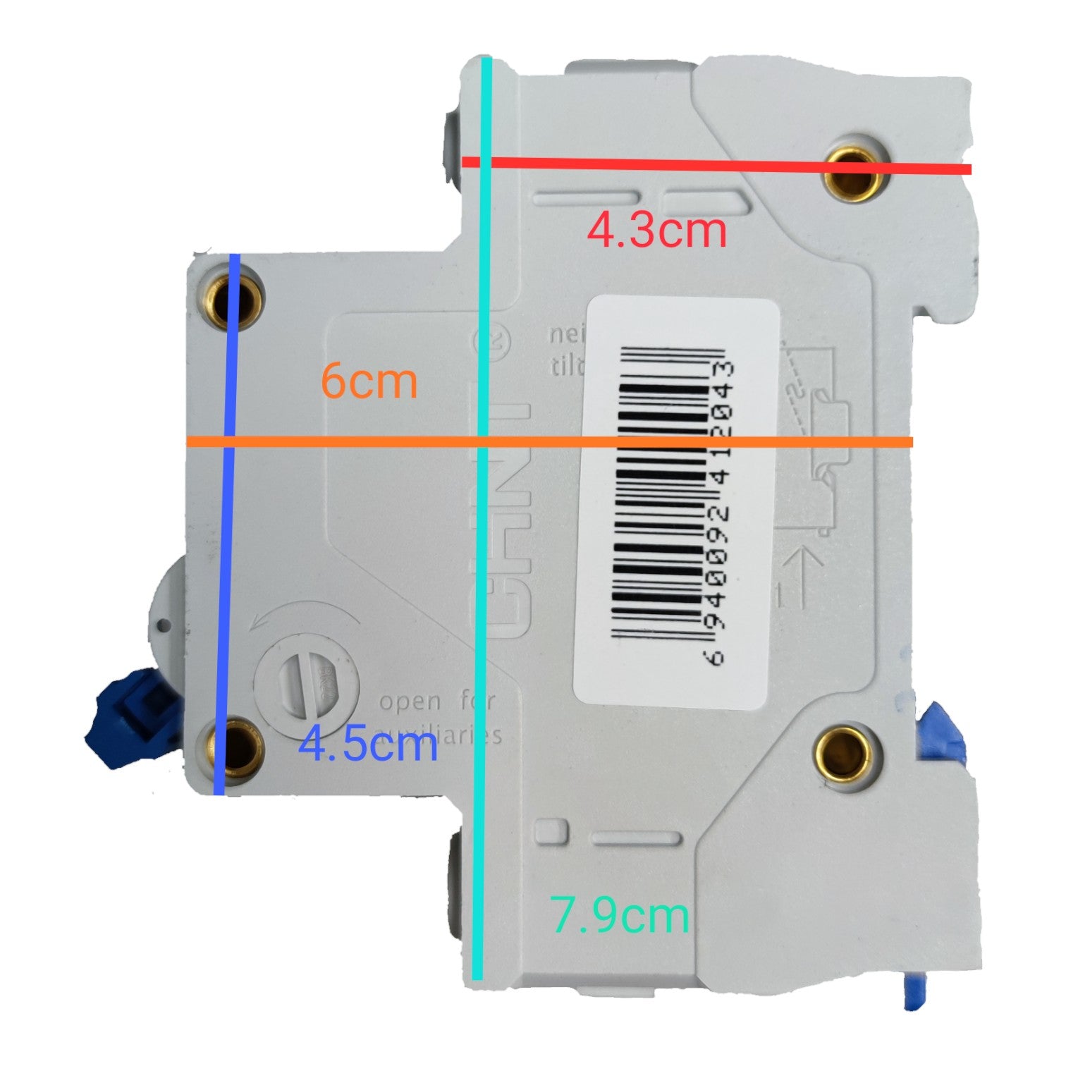 Electrical circuit breaker with measurements marked on a white background
