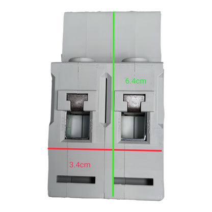 Electrical circuit breaker with measurements marked on a white background
