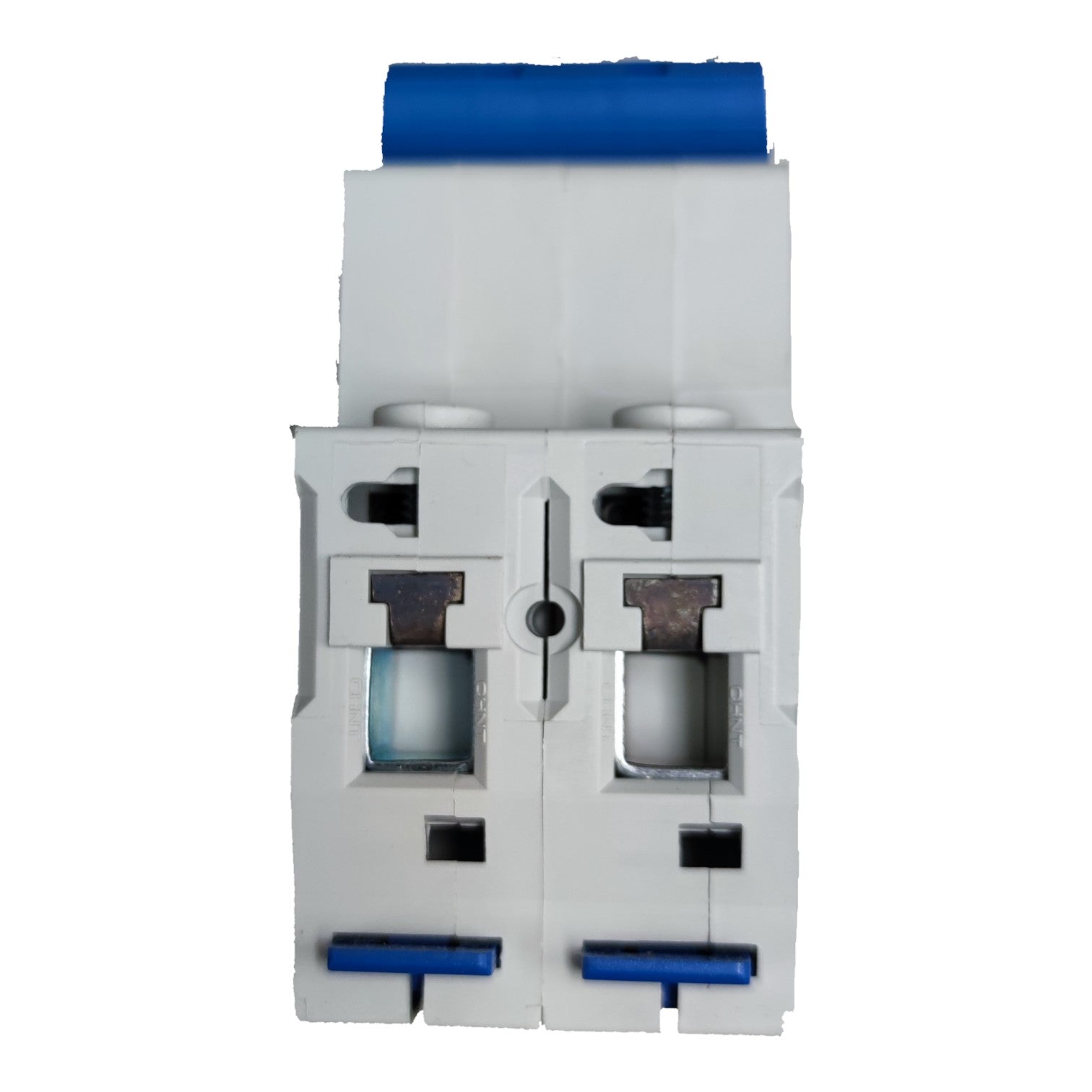 Electrical circuit breaker with blue accents on a white background