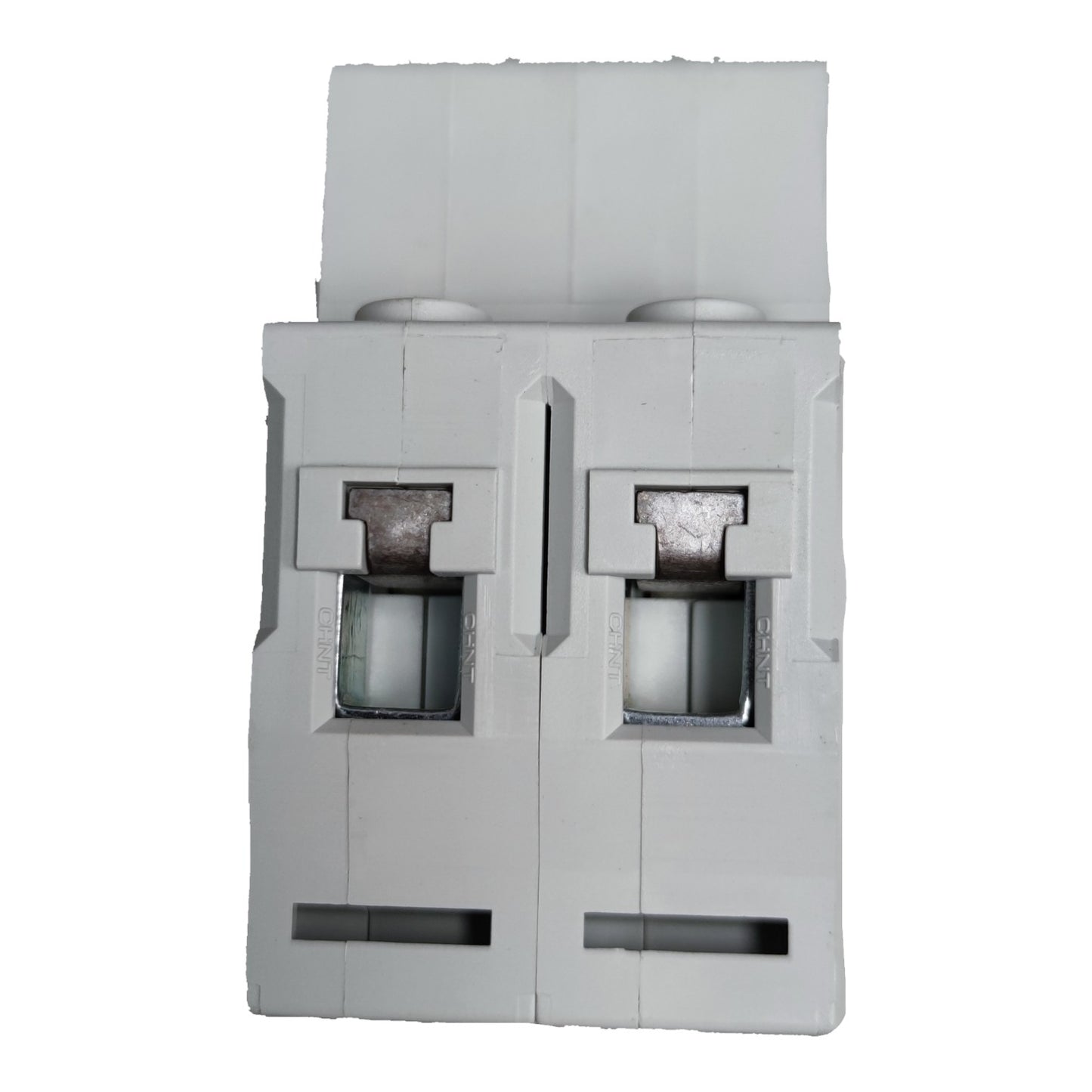 Gray plastic component with multiple slots and openings on a white background