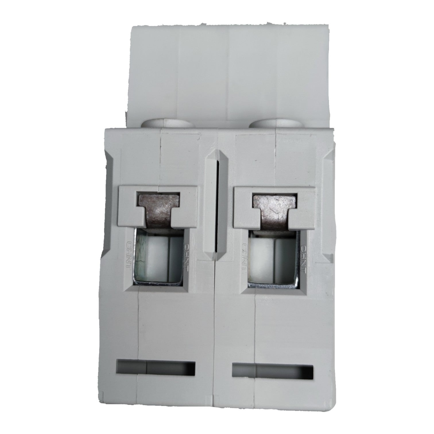 Gray plastic component with multiple slots and openings on a white background