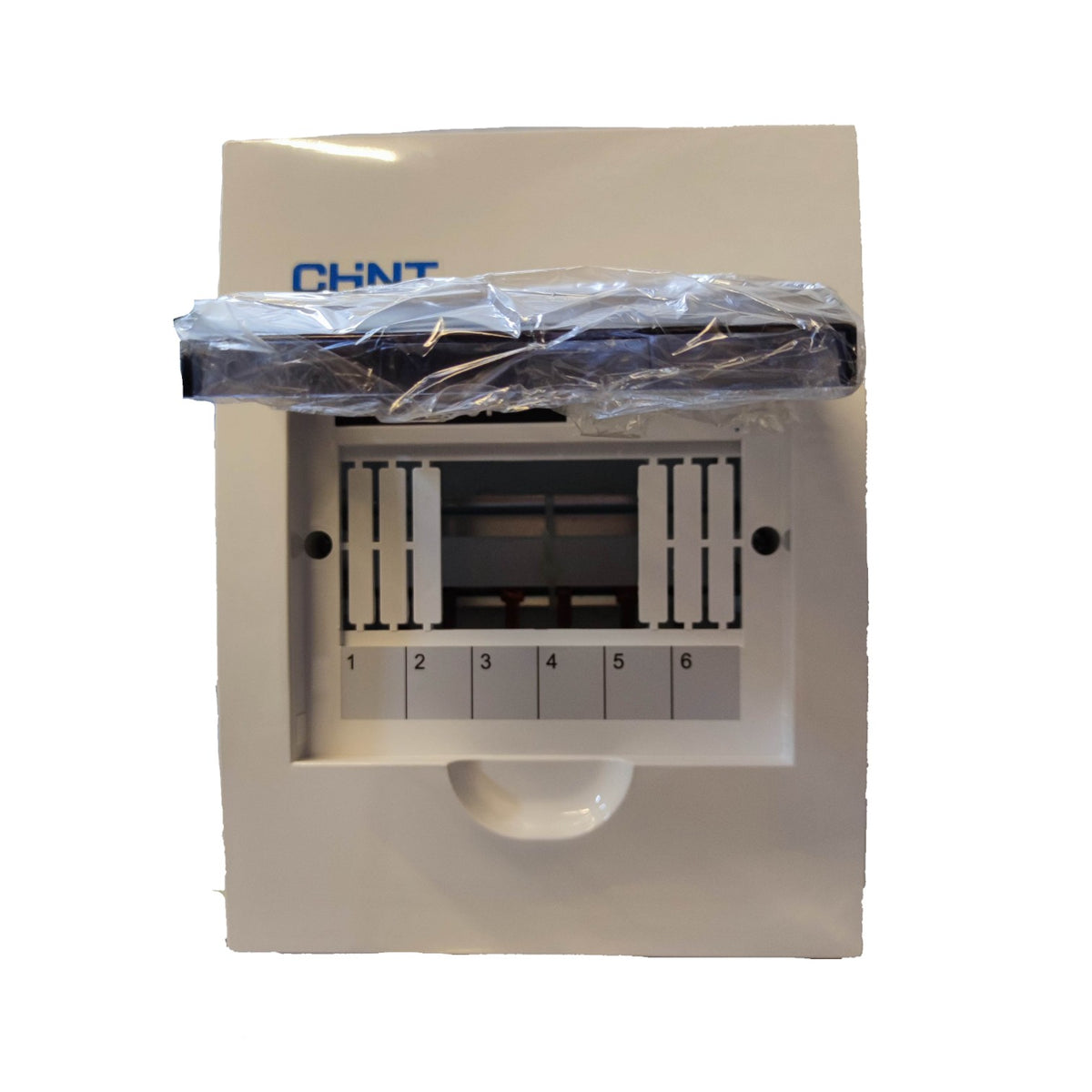 A CHNT RJ45 6-port modular patch panel with a beige plastic faceplate, showing six numbered ports and a protective black cable wrapped in clear plastic across the top.