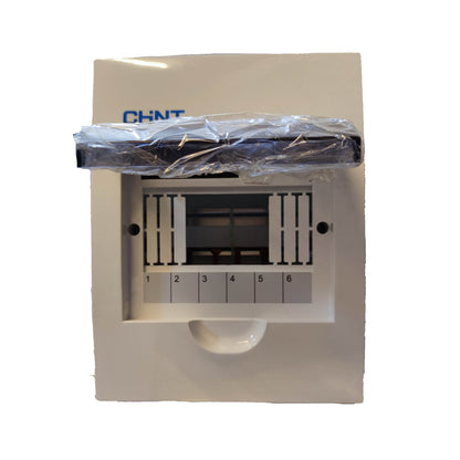 A CHNT RJ45 6-port modular patch panel with a beige plastic faceplate, showing six numbered ports and a protective black cable wrapped in clear plastic across the top.