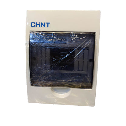 CHNT brand electrical distribution box with a white plastic housing, blue brand logo, and a dark blue interior tray covered in protective plastic film, isolated on a white background.