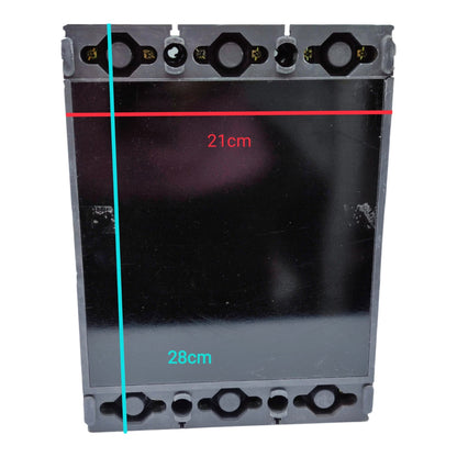 A black rectangular electronic component or panel with mounting holes at the top and bottom, shown on a white background with red and cyan dimension lines indicating 21 cm width and 28 cm height.