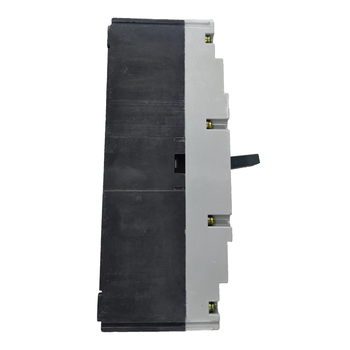 A large industrial electrical contactor or relay component, shown from the side against a plain white background. The device features a black plastic main body on the left and a silver metal side with brass screws and a black lever handle.