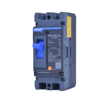 CHNT NXM-1258/2320 3P modular electrical circuit breaker with a blue handle and dark gray housing, shown on a white background.