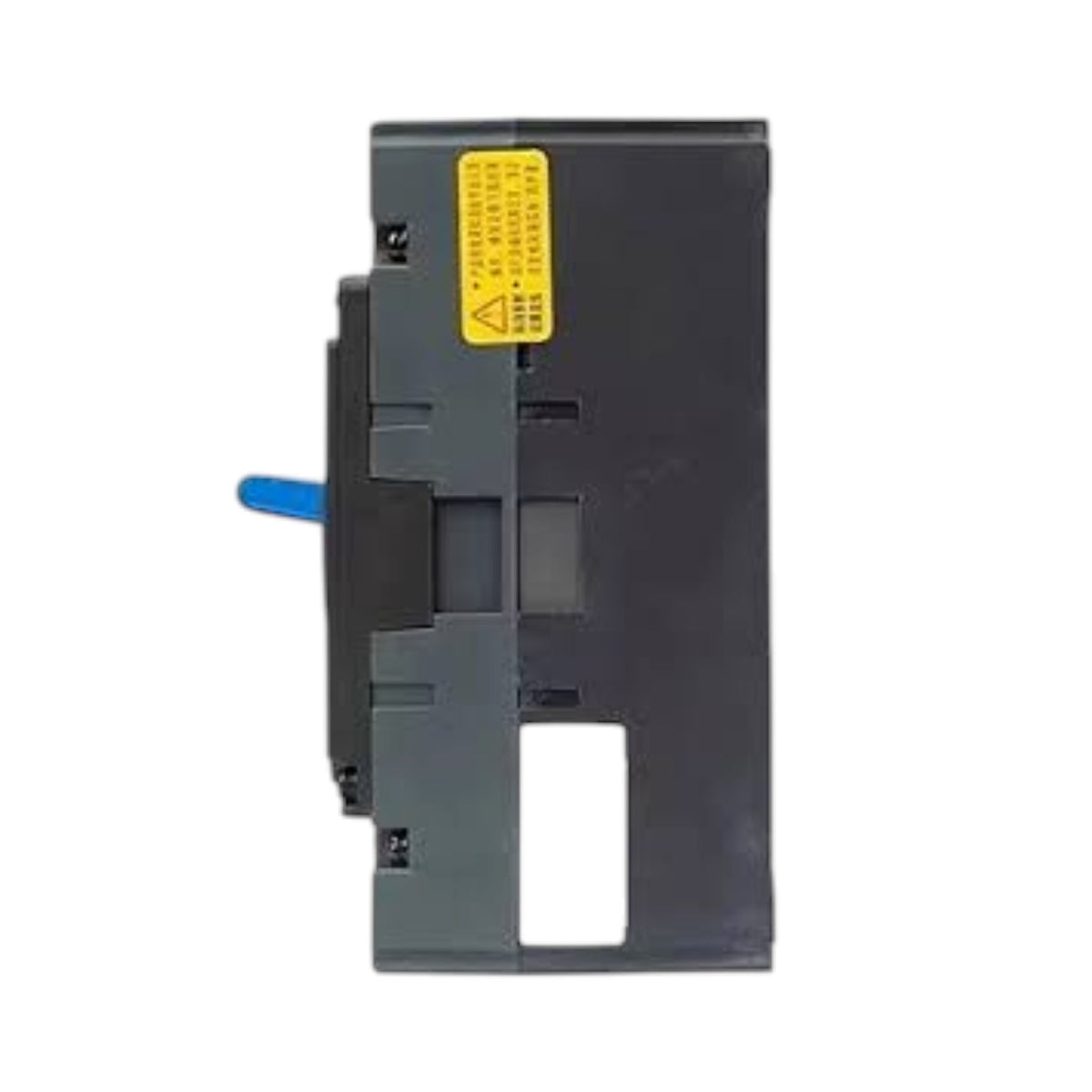 A dark gray plastic electrical component or switch module with a small blue handle protruding from the left side and a yellow warning label near the top, shown on a plain white background.