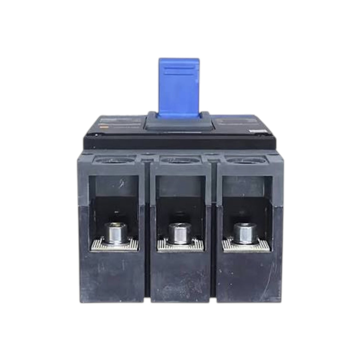 A three-terminal electrical fuse or circuit breaker component with a blue handle on top of a black and dark gray housing, shown against a plain white background.